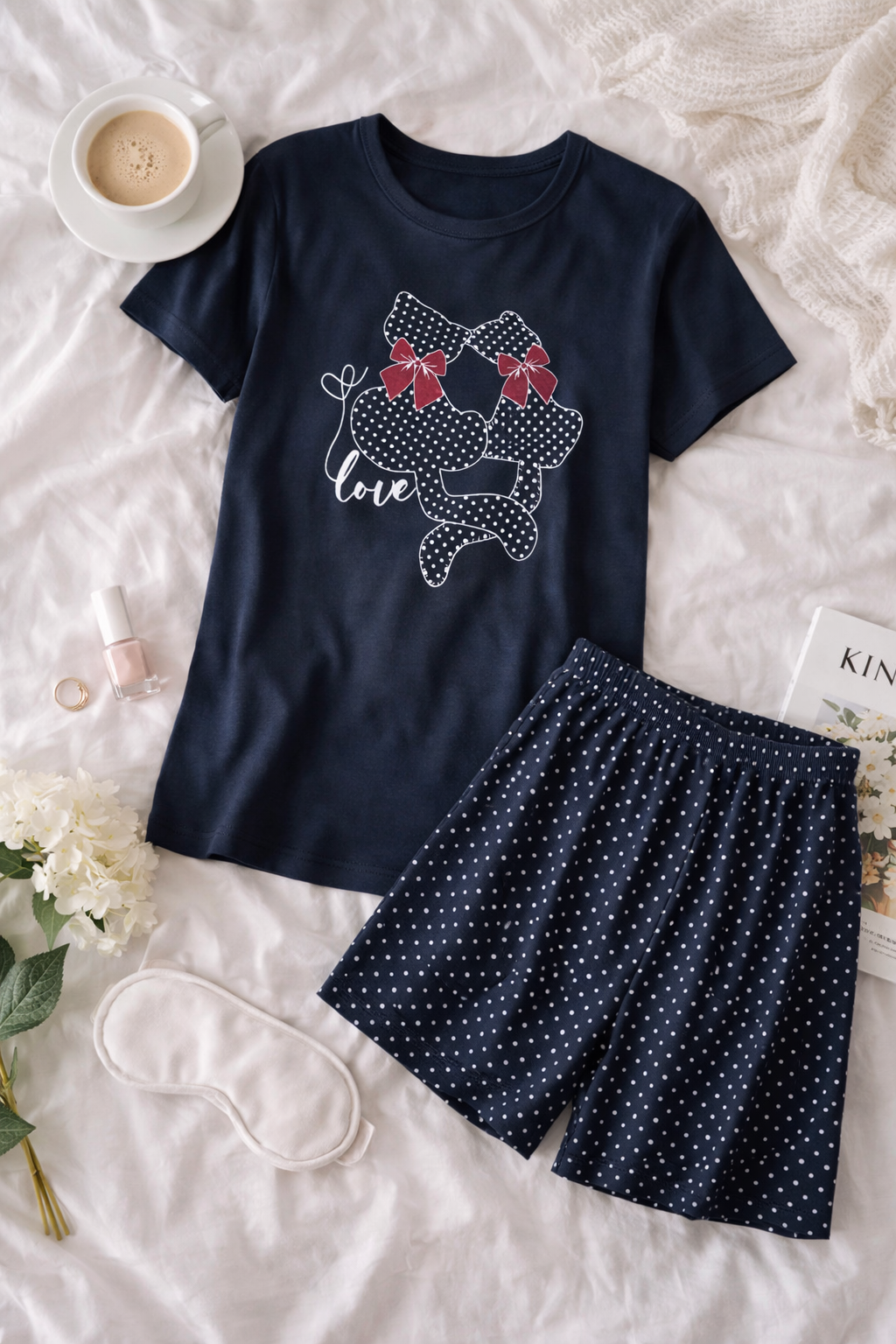 Dámské bavlněné pyžamo Love Dots – tmavě modré